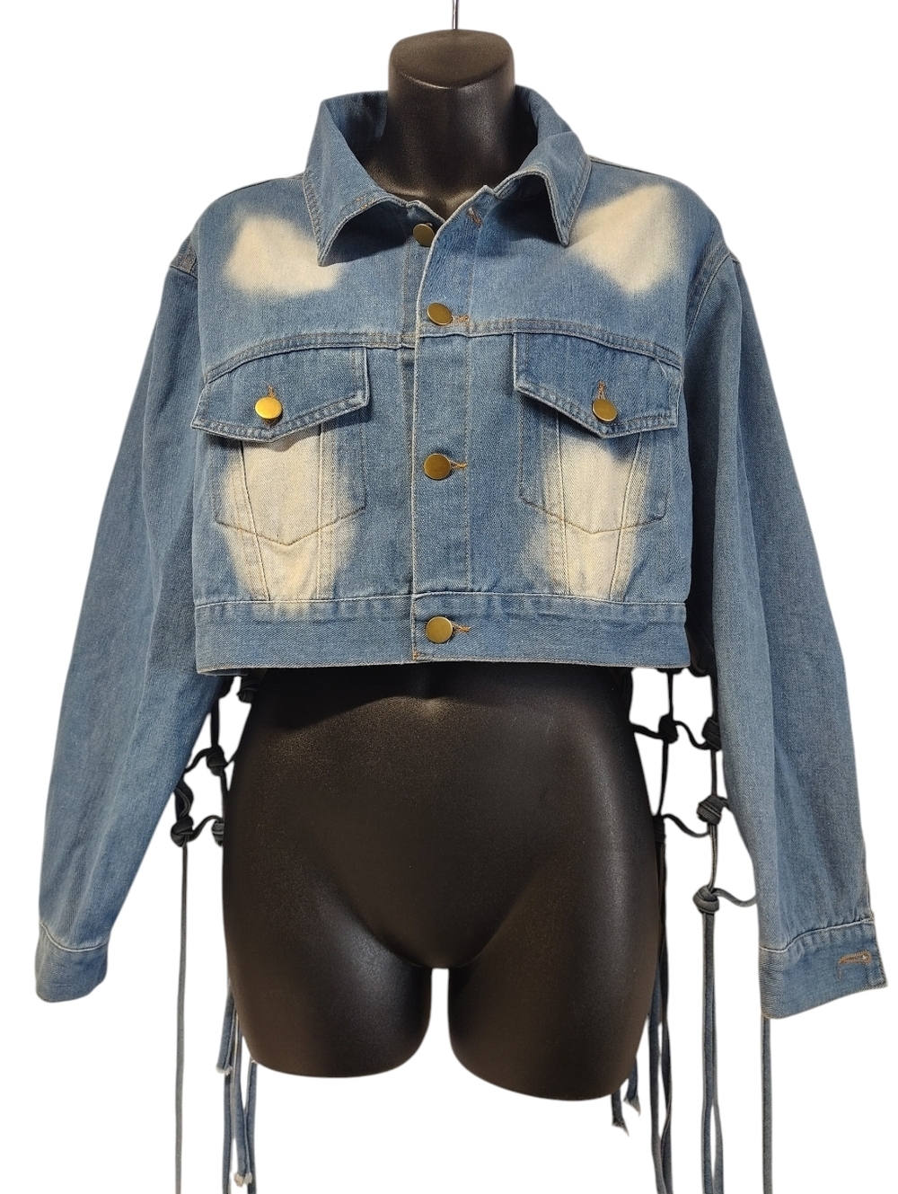Cropped Bleached Denim Jacket Women's Size M Macrame Lace Up Back Boho Festival - Picture 2 of 10